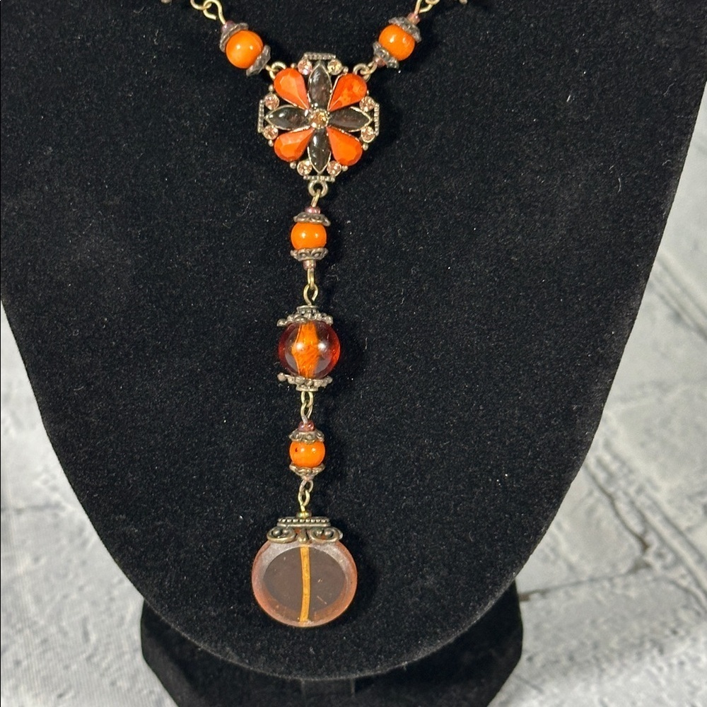 Elegant Burnt Orange Beaded Teardrop Statement Necklace 19” - Picture 2 of 10